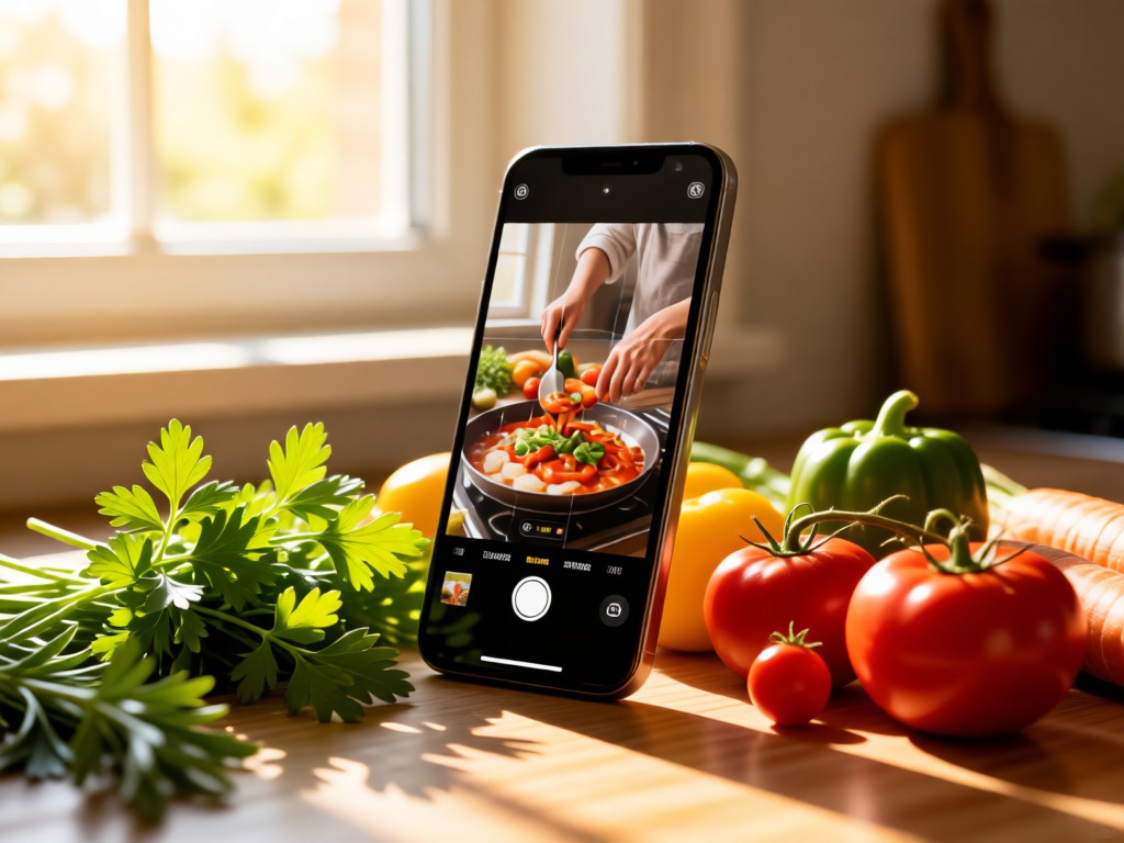 A smartphone propped against kitchen ingredients, displaying a cooking video. Fresh herbs and vegetables frame the device. Soft window light creates warmth. No people.