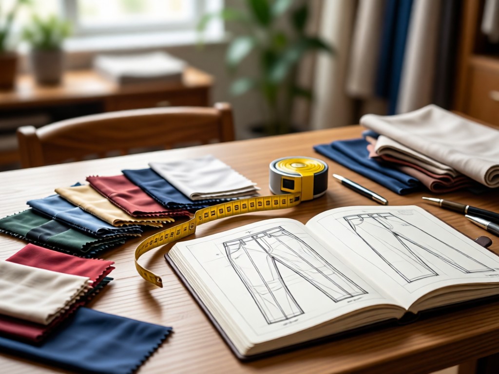A designer's desk with fabric swatches, measuring tape, and sketchbook open to pantaloon technical drawings. Soft focus background. No people.