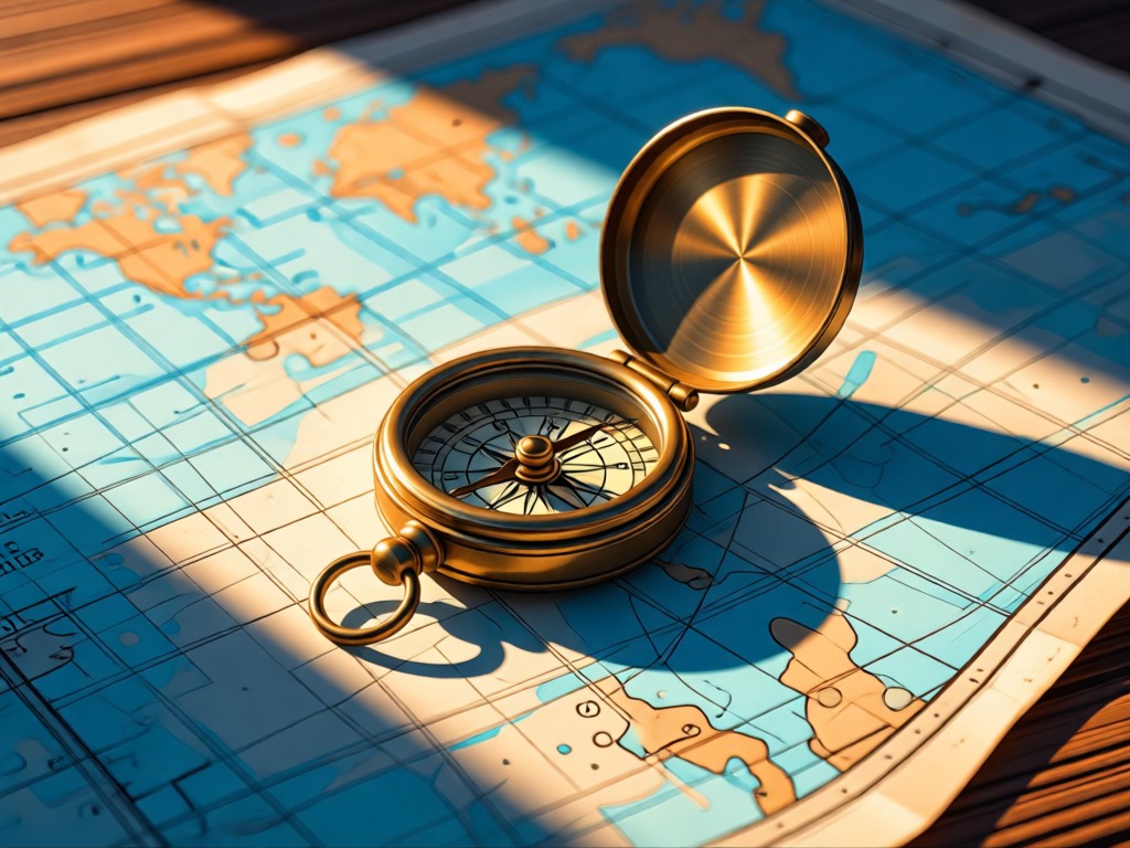 A vintage brass compass resting on a folded nautical map. Warm light creates long shadows across the textured paper. Coastal blue and sand tones. No people.
