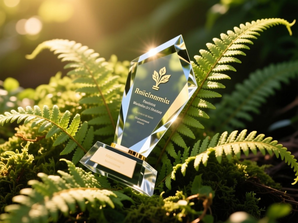 Aerial shot of a crystal award resting on fresh green ferns in sunlight. Symbolizes achievement and growth. Golden hour warmth. Soft shadows. No people.