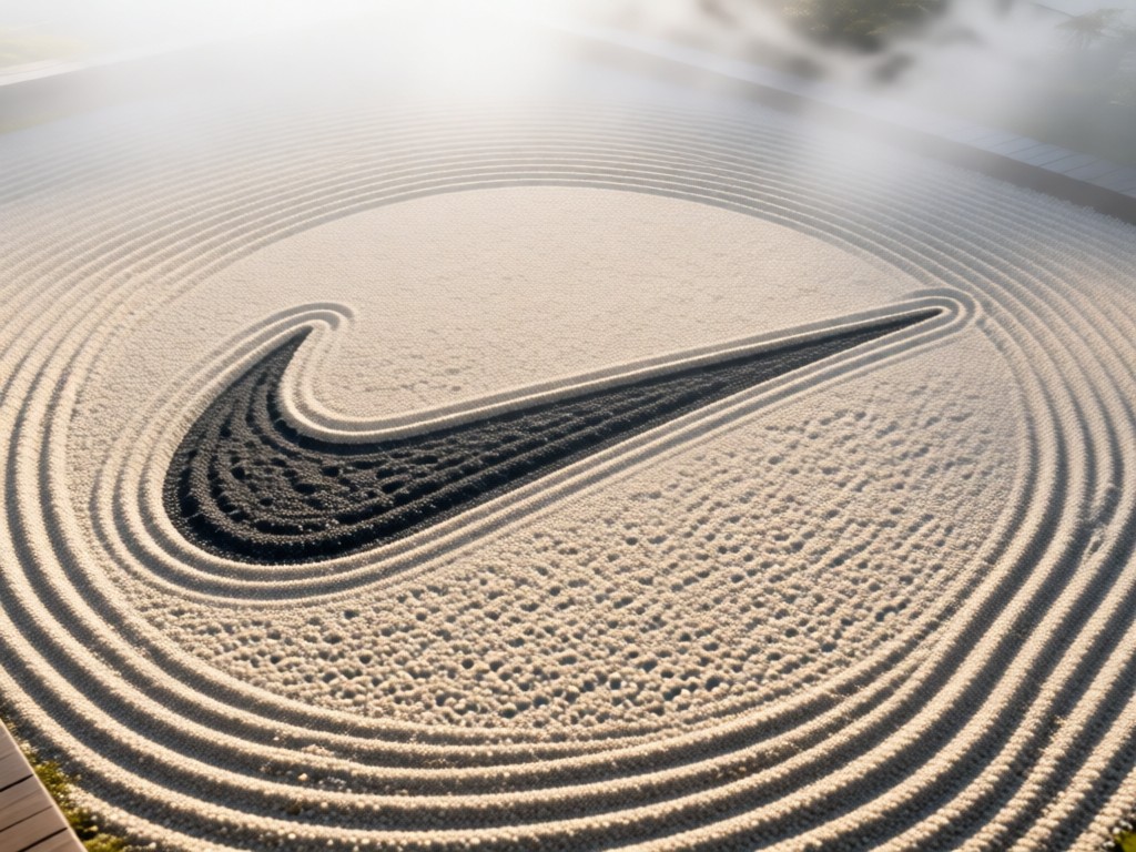 Aerial view of a single Nike swoosh logo drawn in gravel on a zen garden surface. Clean lines, negative space, and morning mist. Symbolizes focus and brand identity. No people.