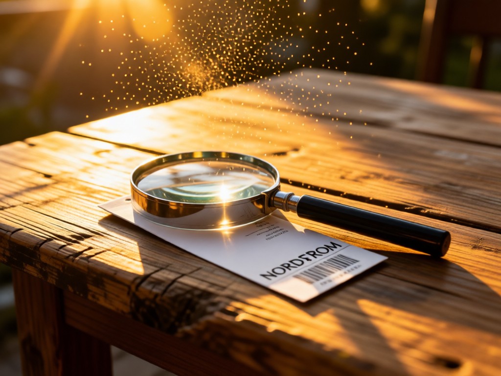 A magnifying glass resting on a Nordstrom tag atop a rustic wooden table. Golden hour light highlights dust motes in the air. No people.