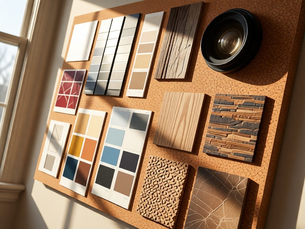 An angled view of a designer mood board with color swatches, texture samples, and lens cap on a cork wall. Soft window light creates depth and warmth. No text or people.