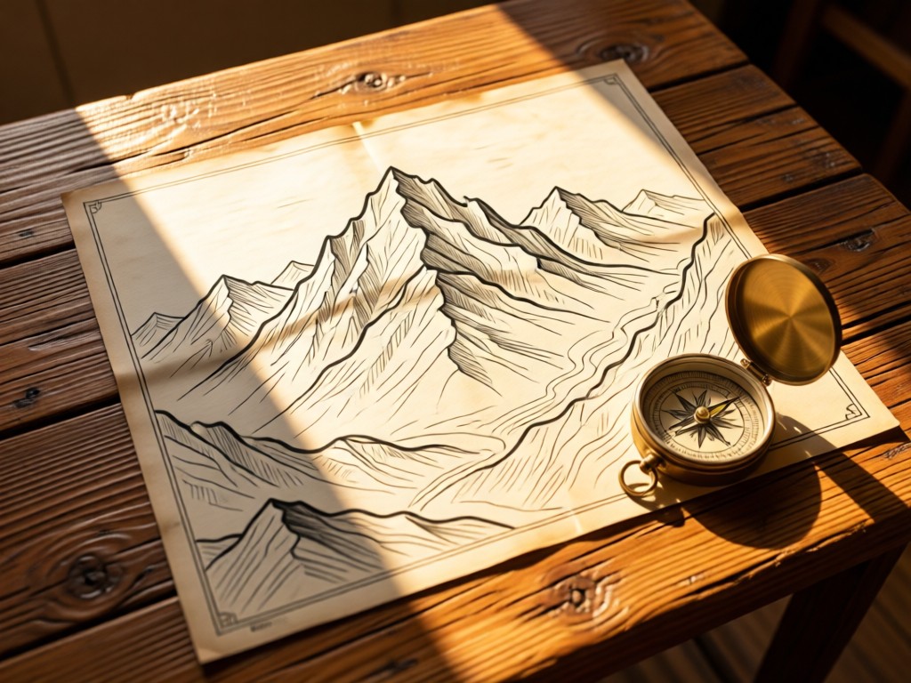 A top-down view of a hand-drawn topographical map beside a compass on a rustic wooden table. Sunlight highlights pencil sketches of mountain peaks. Warm, adventure-ready aesthetic. No people.
