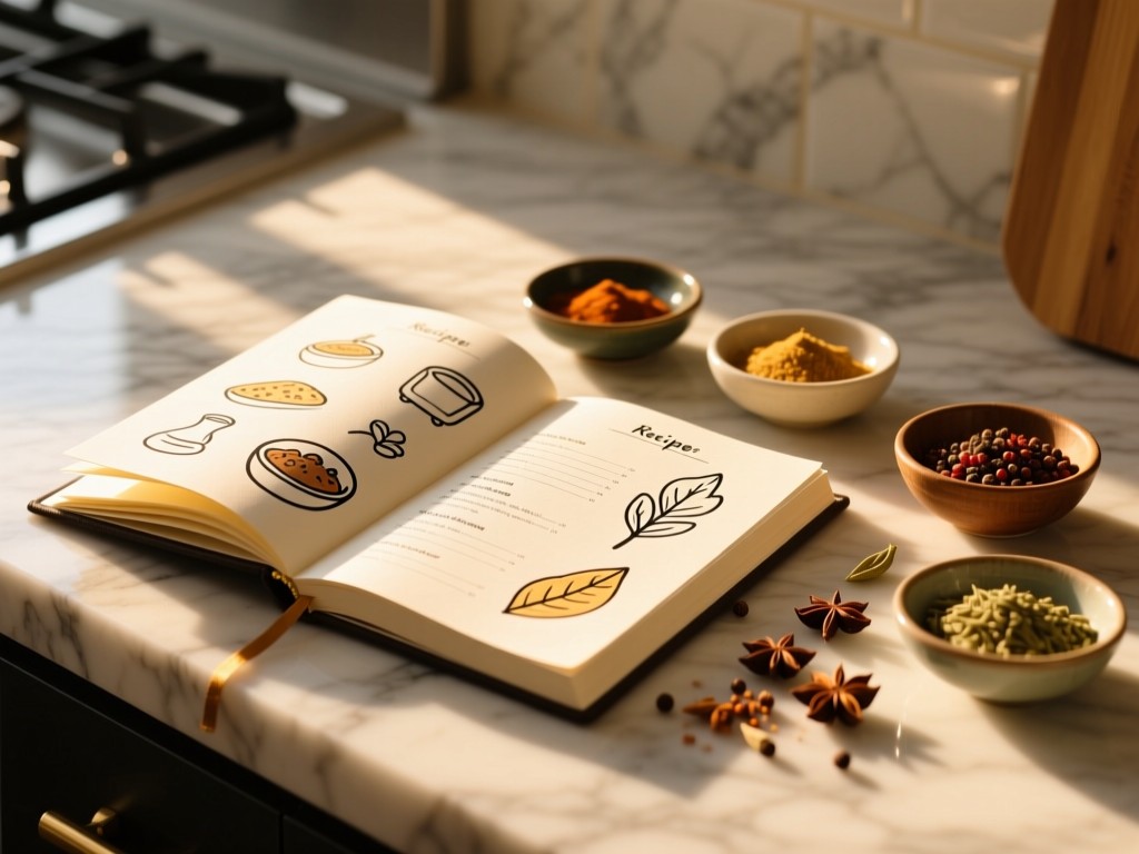 An open recipe journal with hand-drawn illustrations beside scattered spices in small bowls, golden hour light streaming across a marble countertop, minimalist food styling.
