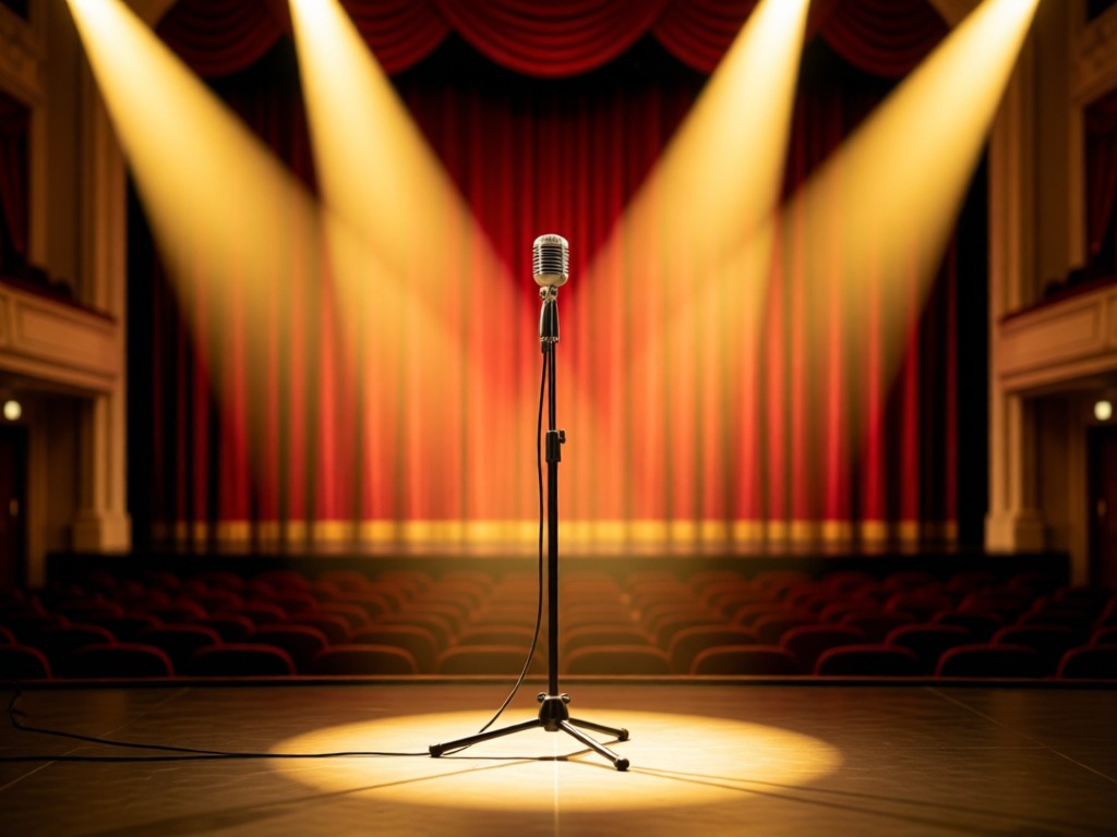 A single microphone stand center stage in an empty concert hall. Golden spotlights create dramatic beams. Red velvet curtains blurred in background. Symbolizes focus and professional presence. No people.
