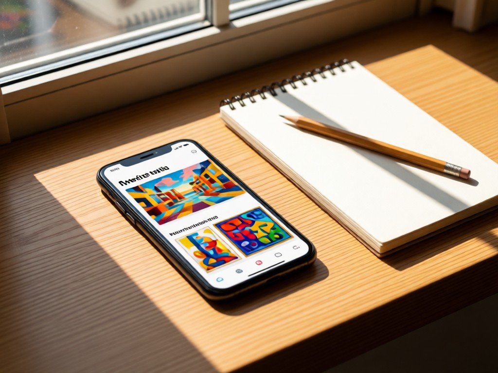 A smartphone displaying an art portfolio beside a sketchbook and pencil on a sunlit windowsill. Soft shadows stretch across the wooden surface. No people.