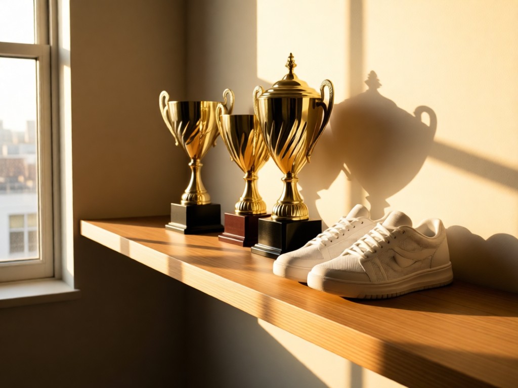 A minimalist shelf displaying athletic trophies and clean white sneakers. Golden hour light streams through nearby windows, casting long soft shadows on wooden surface. No people.