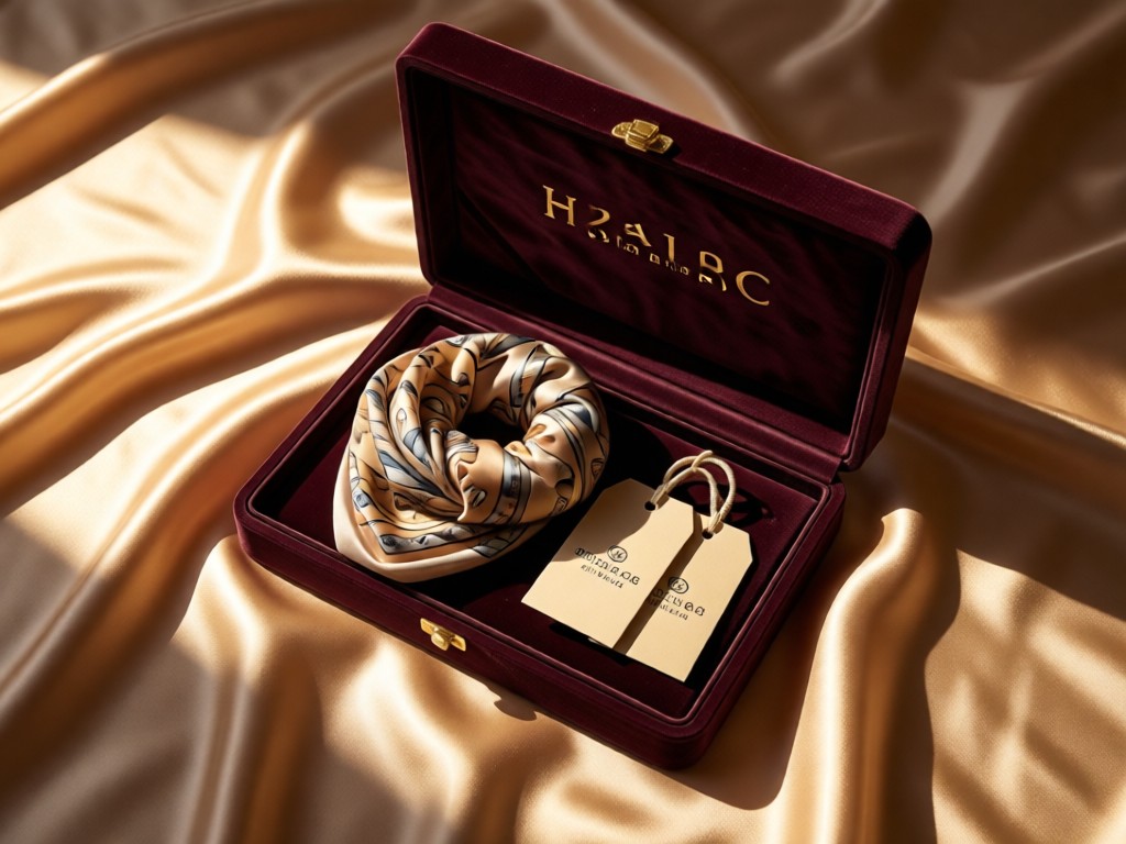 An aerial view of a single velvet jewelry display box open on a satin cloth. Inside, a meticulously arranged scarf and boutique tags. Soft shadows emphasize texture under warm gallery lighting. No people.