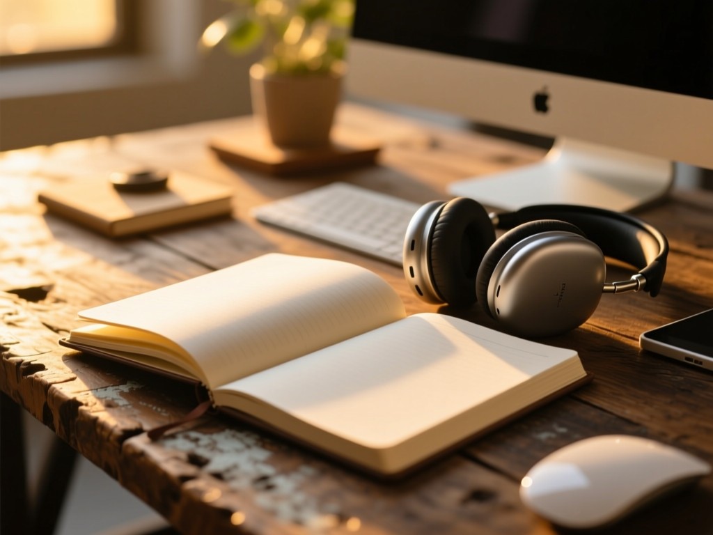 An open notebook beside headphones on rustic table during golden hour, soft light on blank pages, shallow focus, warm tones, creative workspace atmosphere.