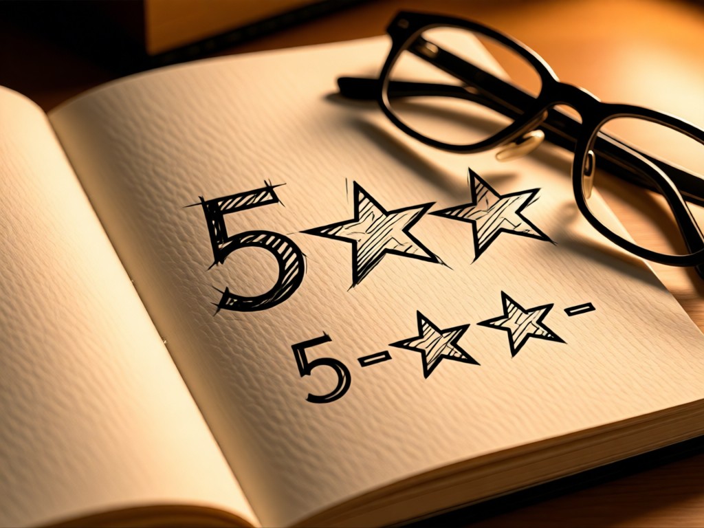 Open notebook with '5-star' sketch beside folded glasses. Textured paper, warm lighting. Focus on handwritten quality notes. No people.