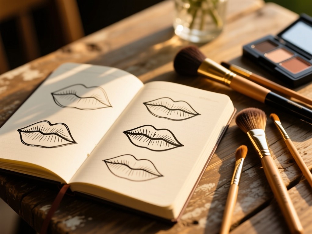 Close-up of an open notebook with sketched lip diagrams beside makeup brushes on a rustic table, golden hour light creating soft shadows, shallow focus.