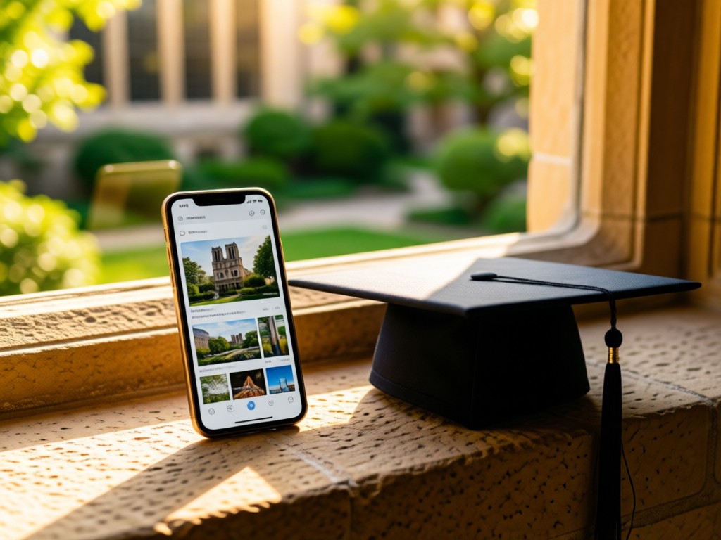 A smartphone displaying a Notre Dame portfolio beside a graduation cap on a sunlit stone windowsill. Campus greenery visible through blurred glass. Golden hour lighting. No people.