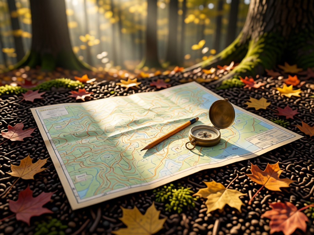 An open topographic map spread on rough terrain. A vintage compass and pencil rest atop it, surrounded by fallen autumn leaves. Soft morning light filters through trees. No people.