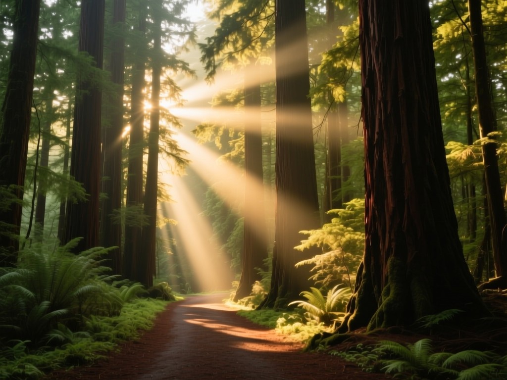 Path through sunlit redwood forest with light beams, symbolizing discovery. Medium saturation greens/golds, no people. Wide-angle natural perspective.