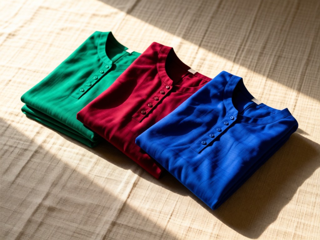Three neatly folded Pakistani dresses in emerald, ruby, and sapphire hues arranged on a textured linen surface. Morning light catches fabric details. Simple composition with breathing room.