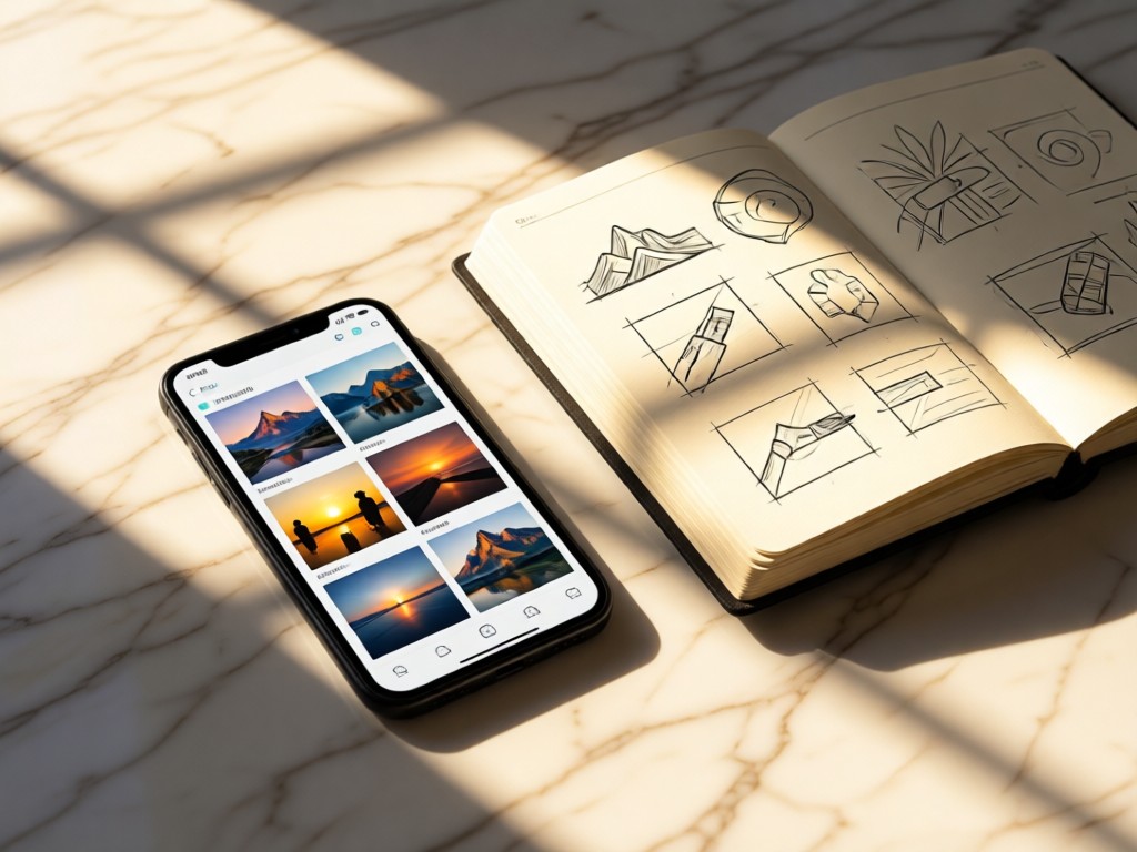 A smartphone displaying a photography portfolio beside an open notebook with composition sketches. Morning light creates long shadows on a marble desk. No people.