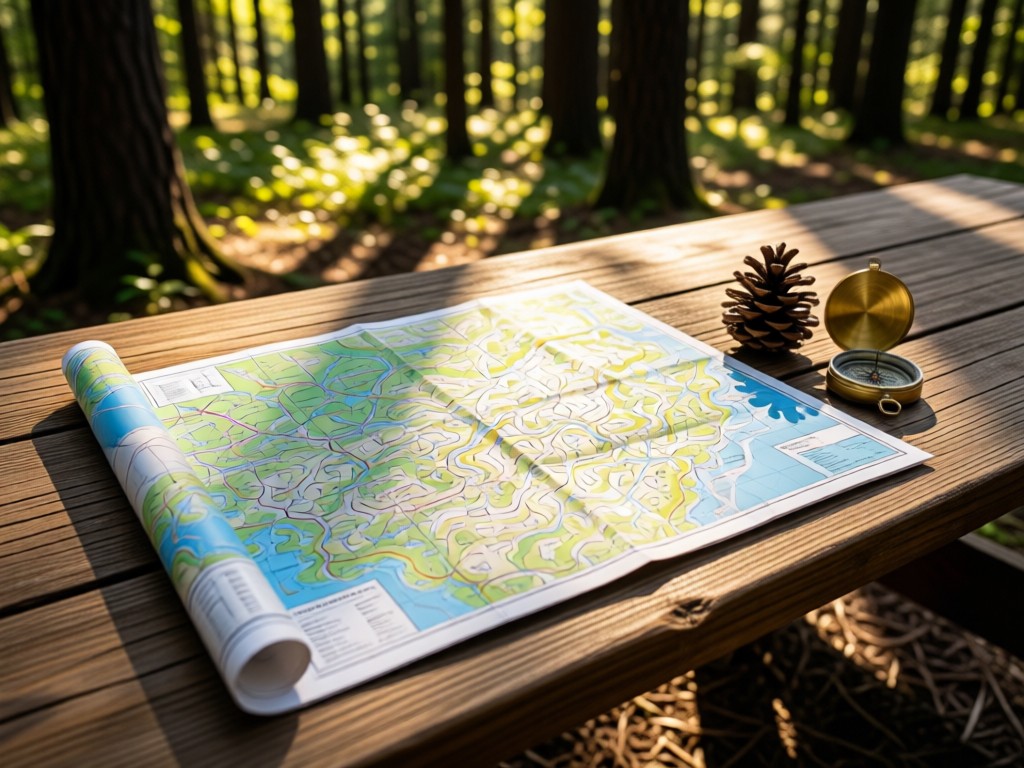 An open topographic map on a wooden camp table. Compass and pinecone beside it. Dappled forest light through trees. No people.