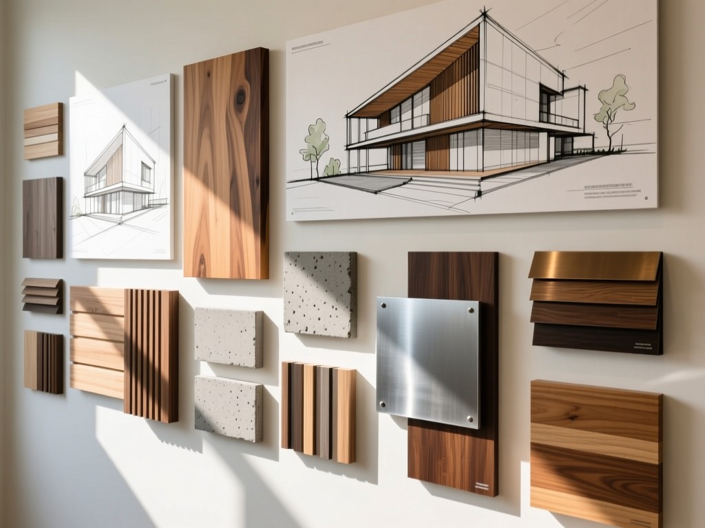 A curated wall display of architectural concept sketches and material samples. Natural light highlights textures of wood, concrete, and metal swatches. Organized yet organic arrangement.
