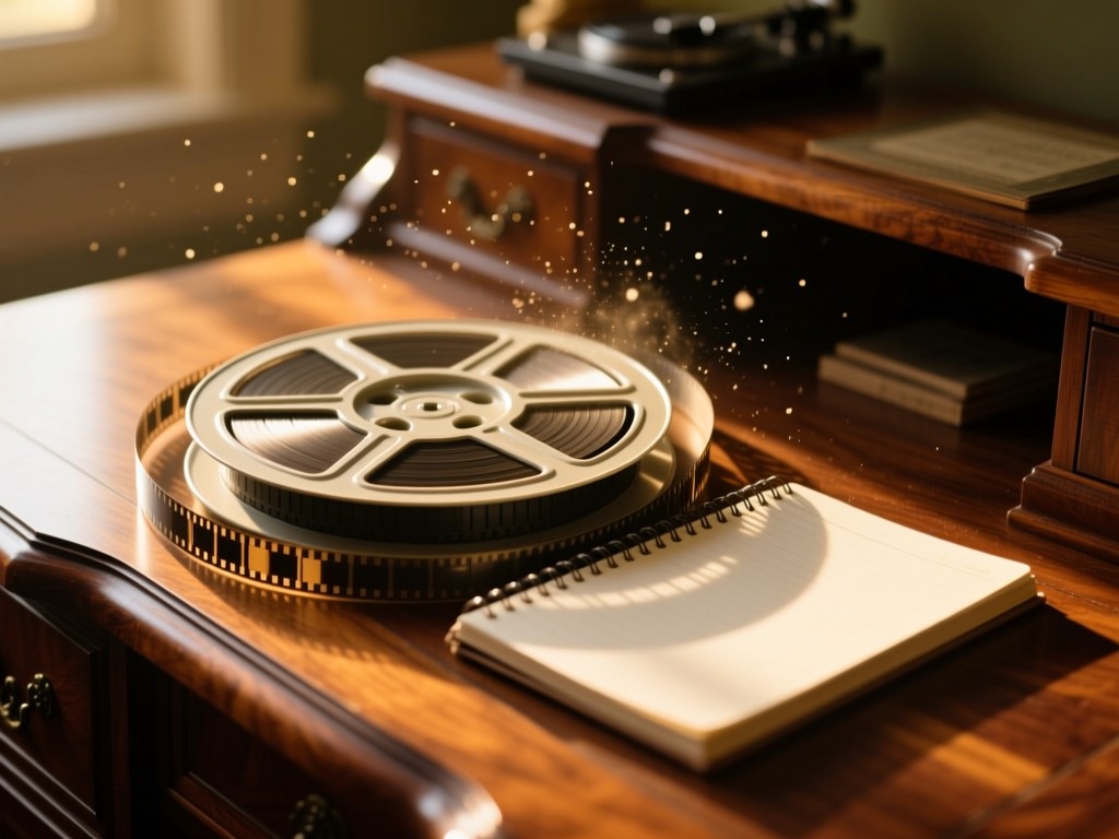 Vintage film reel on a mahogany desk during golden hour, warm light catching dust motes, shallow depth of field, empty notebook beside it, soft shadows, natural wood textures.