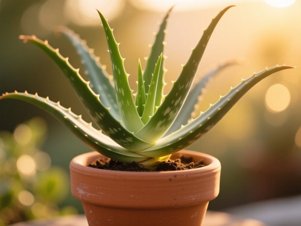 A single aloe vera plant in terracotta pot at golden hour, plump leaves radiating outward symbolizing growth and natural solutions, soft bokeh background, warm sunlight.