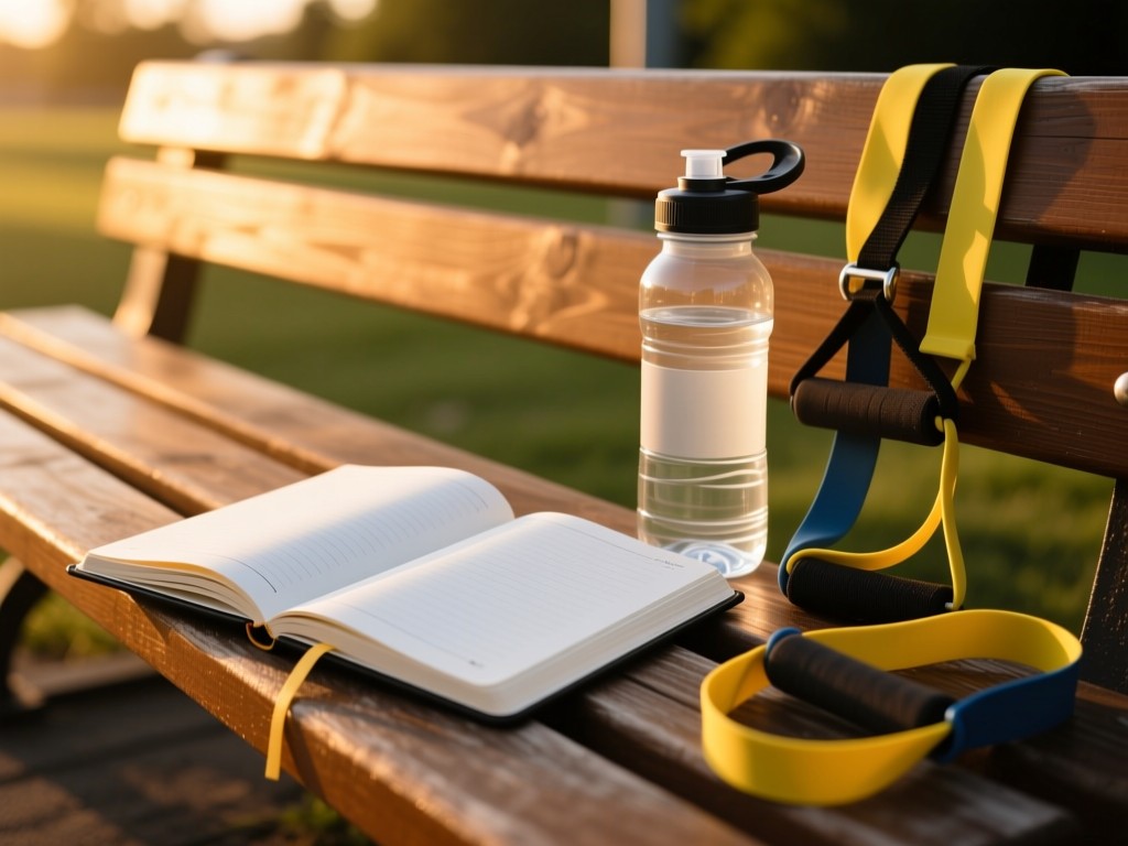 An open fitness journal beside a water bottle on a wooden bench during golden hour, soft sunlight highlighting blank pages, resistance bands nearby.