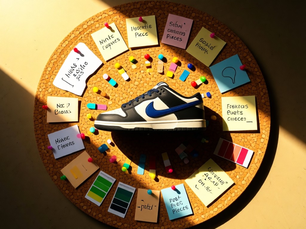 Aerial view of single Nike SB Dunk centered on circular cork board. Golden light creates dramatic shadow. Pinned notes and color swatches radiate outward. Symbolizes focus on essential pieces.