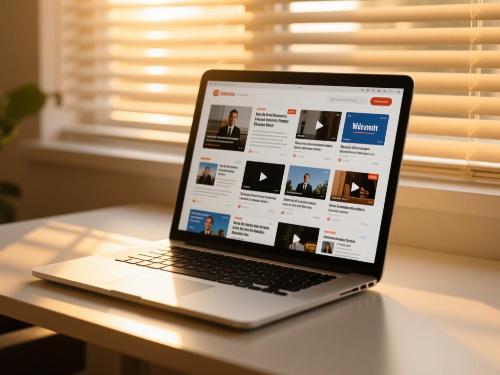 A modern laptop open on a minimalist desk at golden hour, screen displaying a grid of neatly organized news articles and video thumbnails, soft sunlight through window blinds, shallow depth of field, warm tones.