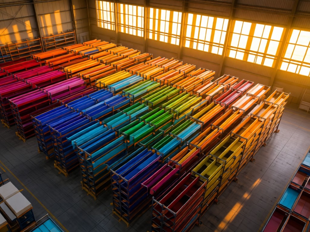 Aerial view of organized warehouse shelves forming color gradients. Golden hour stripes through high windows. No people.