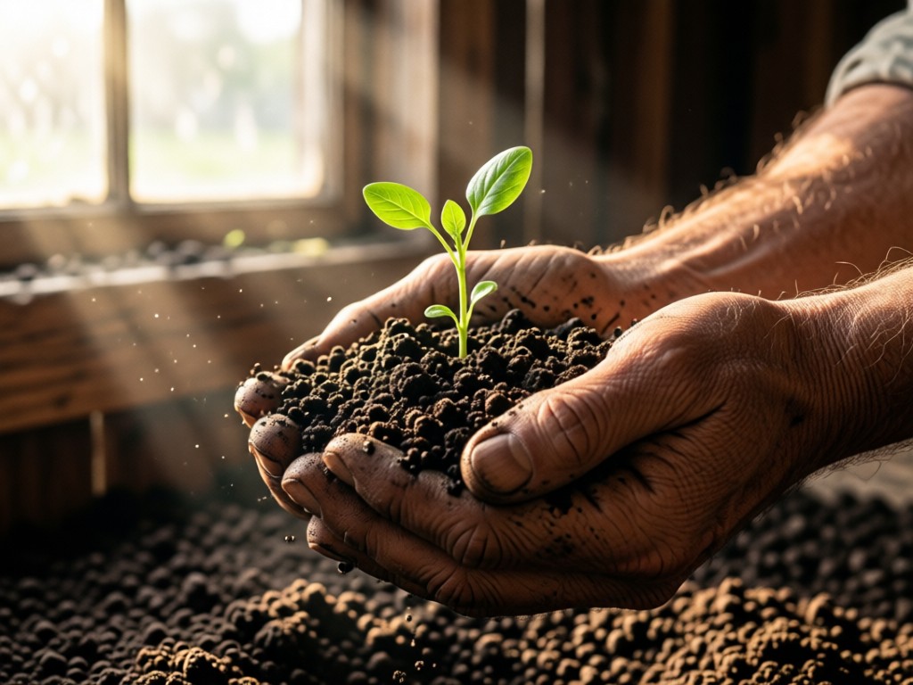 Close-up of weathered hands holding rich, dark soil with a young vegetable sprout. Soft morning light filters through a barn window onto the soil texture. Focus on authenticity and growth. No people.