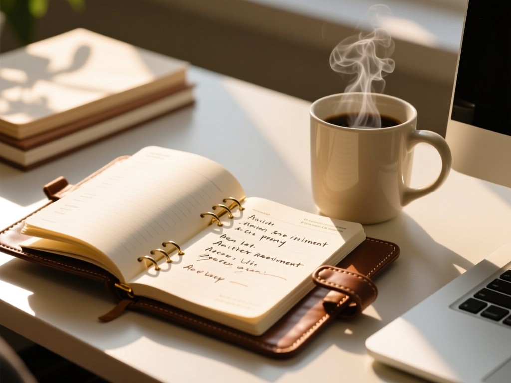 An open leather-bound planner beside a steaming mug on a desk. Sunlight illuminates handwritten appointment notes. Warm, organized atmosphere. No people.