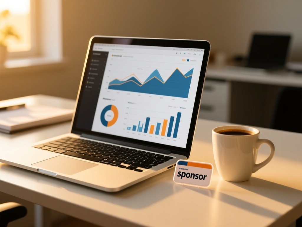 A clean desk setup with a laptop showing analytics graphs. Golden hour light illuminates a small 'sponsor' badge prop beside a coffee cup. Professional yet approachable. No people.