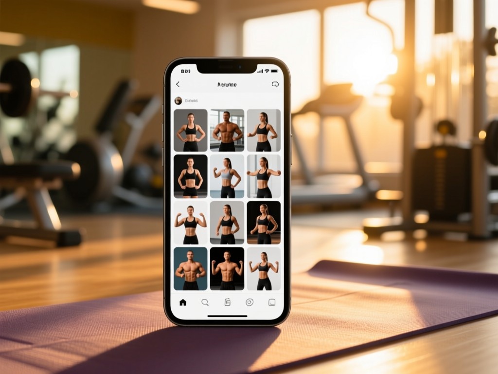 A modern smartphone displaying a grid of fitness transformation photos on a yoga mat during golden hour, soft sunlight highlighting the screen, blurred gym equipment in background, warm natural lighting, no people.