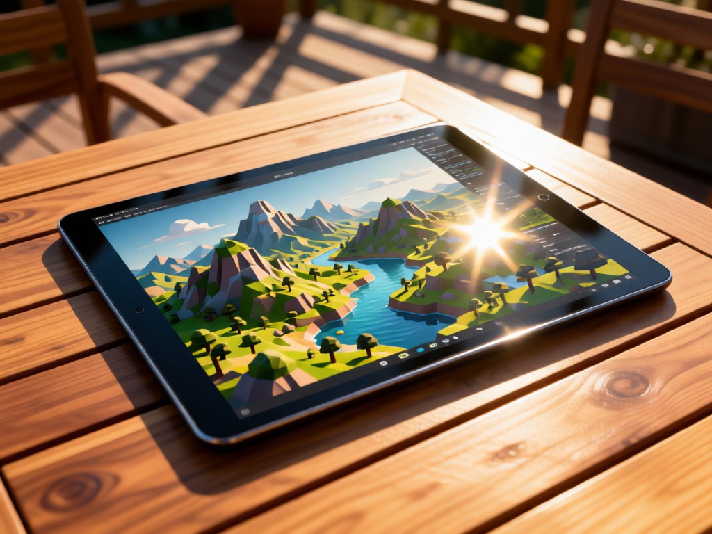Tablet displaying 3D landscape design on a teak patio table. Sunlight glints on the screen. No people.