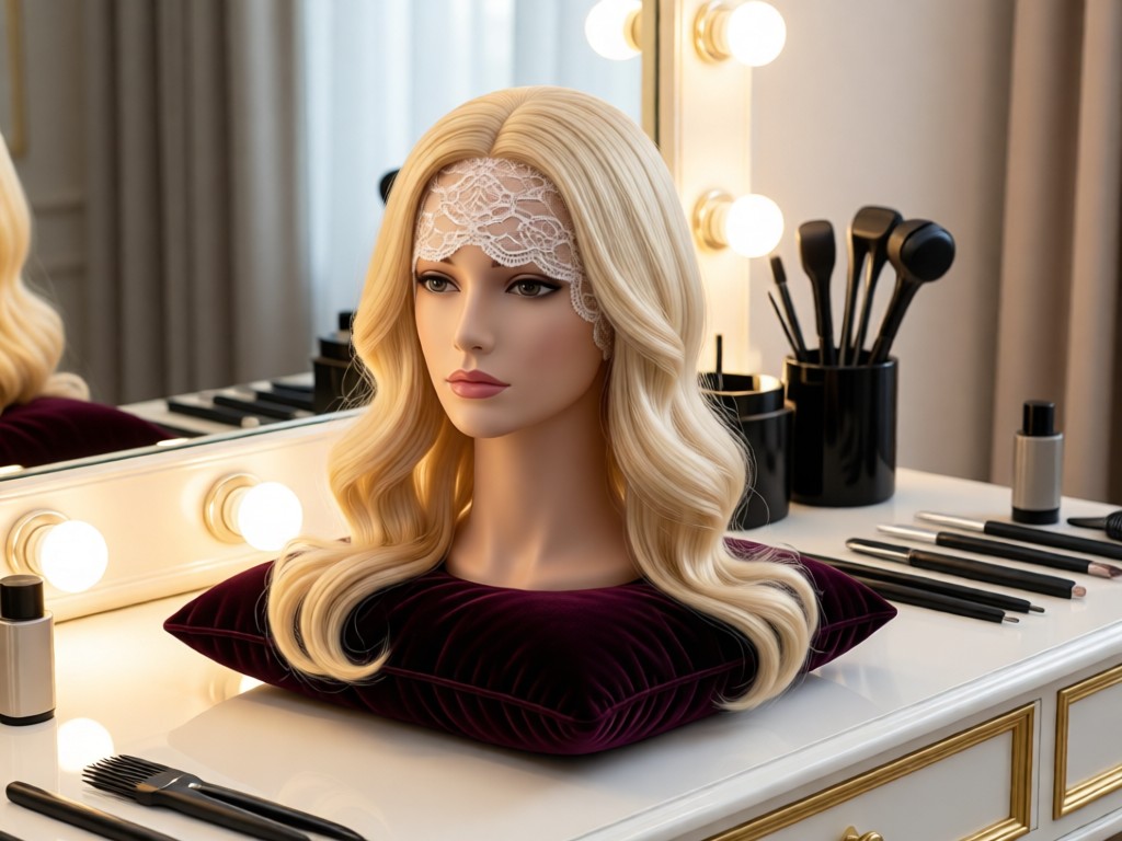 An elegant blonde lace-front wig displayed on a velvet cushion in the center of a well-lit vanity table. Professional styling tools arranged neatly in the background. Soft, diffused lighting creates a luxurious atmosphere. No people.