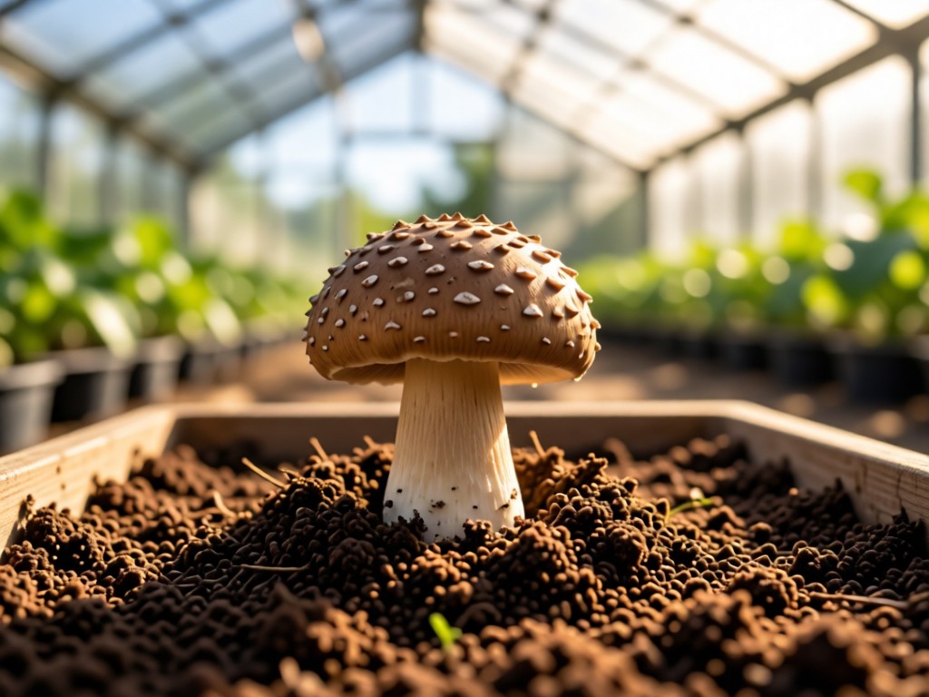 A single portabella growing through rich soil in a sunlit greenhouse tray. The mushroom is center frame with soft bokeh background. Symbolizes organic growth and focus. No people.