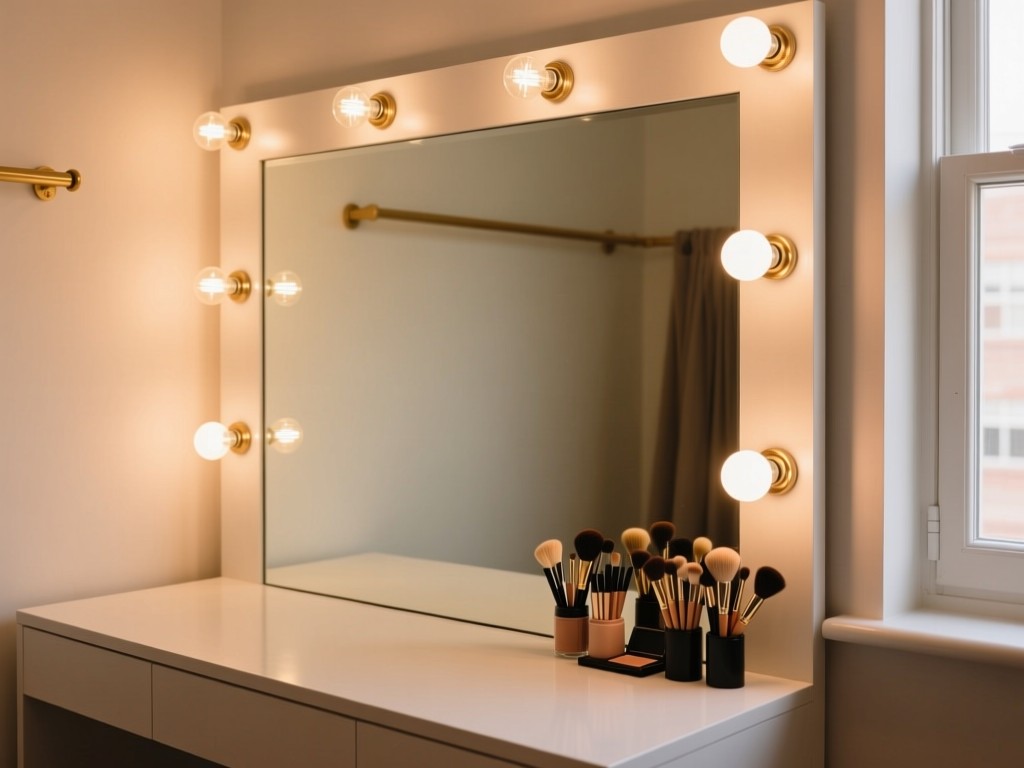 A minimalist dressing room mirror reflecting an empty vanity with vintage bulb lights. Makeup brushes neatly arranged. Soft natural light from nearby window. Warm tones. No people.