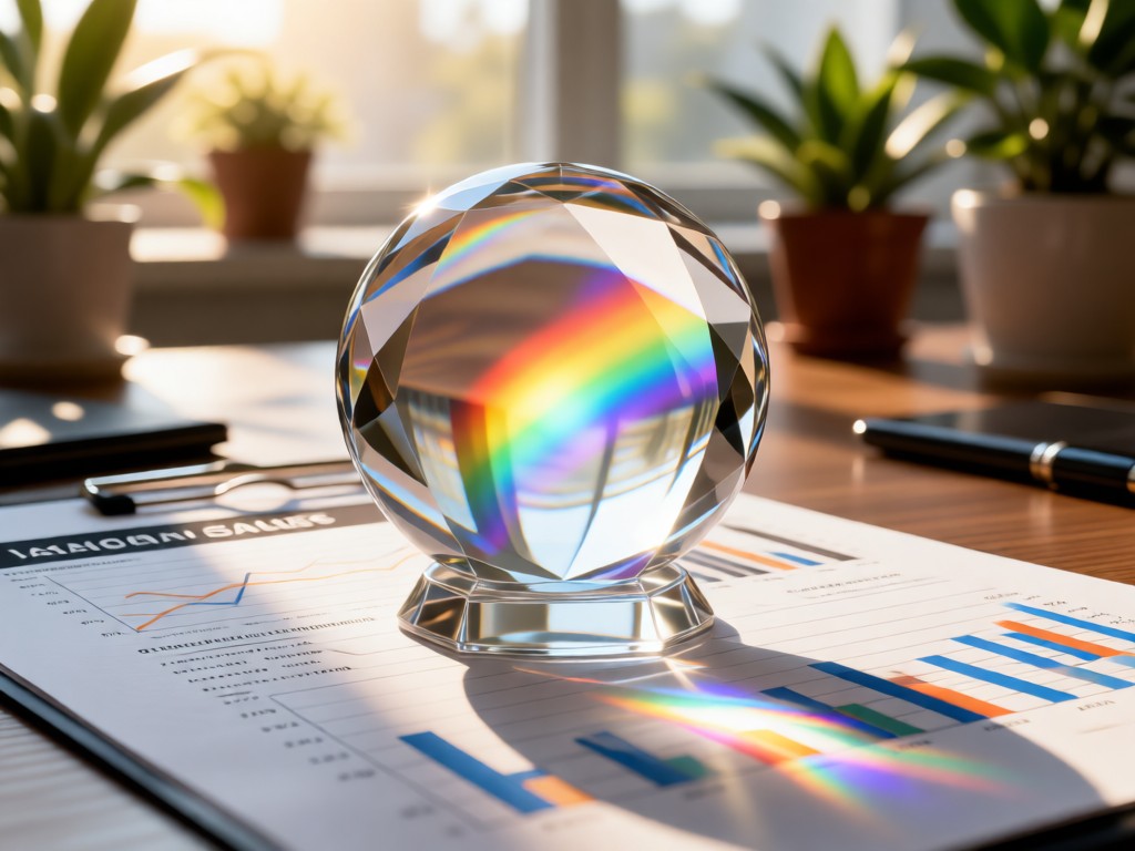 A crystal paperweight magnifying sales data on a printed report. Morning light creates rainbows through the glass. Desk plants in soft focus. Professional atmosphere. No people.