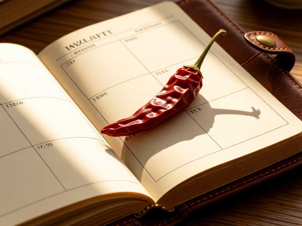 Close-up of an elegant leather-bound diary open to a weekly spread. A single dried chili rests on the page. Warm sunlight highlights the texture. No people.