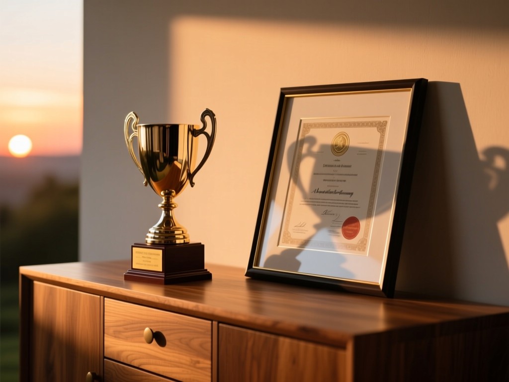 A polished trophy and framed certificates on a wooden credenza during sunset, warm backlighting creating soft glows, minimalist composition, natural textures.