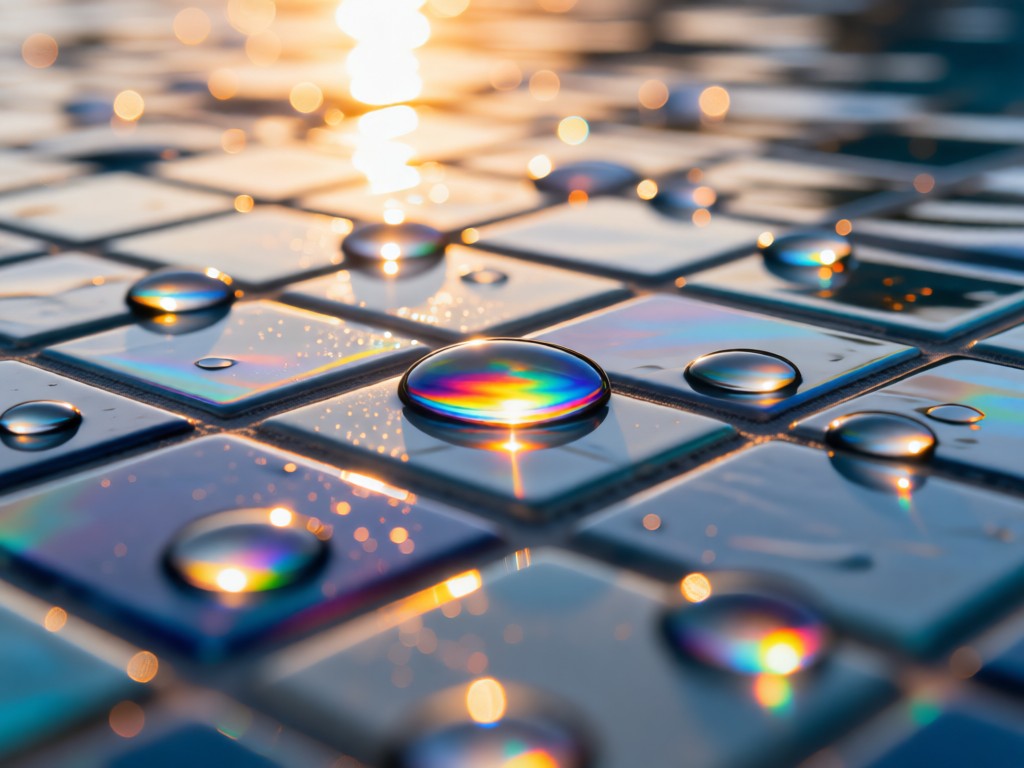 Close-up of water droplets on a modern pool tile mosaic pattern. Late afternoon sun creates rainbow reflections in the droplets. Minimalist composition with shallow depth of field. No people.