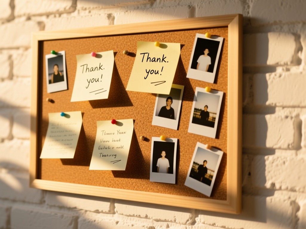 A corkboard pinned with handwritten thank-you notes and polaroid photos against a white brick wall. Golden hour light creates warm shadows. No people visible.