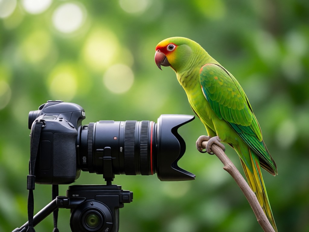 A DSLR camera focused on a parrot perch against a soft green backdrop. Natural light creates gentle shadows.