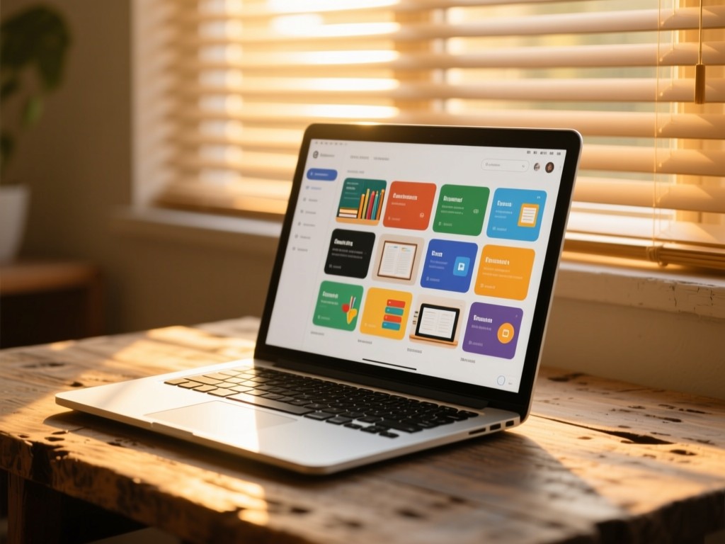 A modern laptop open on a rustic desk at golden hour, screen displaying neatly categorized educational content tiles, soft sunlight filtering through window blinds, shallow depth of field, warm tones.