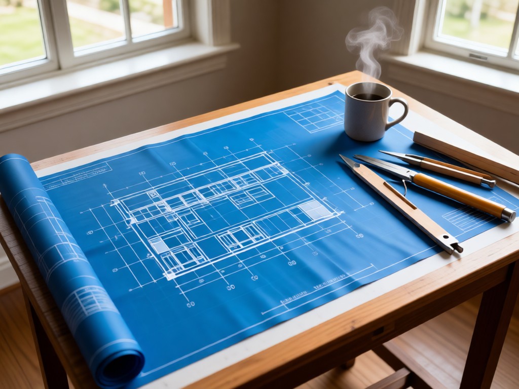 Overhead shot of blue architectural plans unfurled on a drafting table. Drafting tools strategically placed beside a steaming mug. Soft natural light from nearby windows. Professional yet inviting. No people.