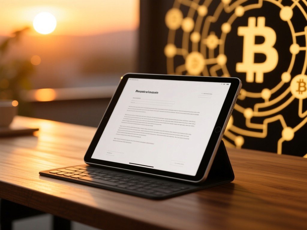 An open tablet displaying a whitepaper on a wooden desk during sunset, abstract blockchain patterns in soft focus background, golden hour warmth, no visible text.