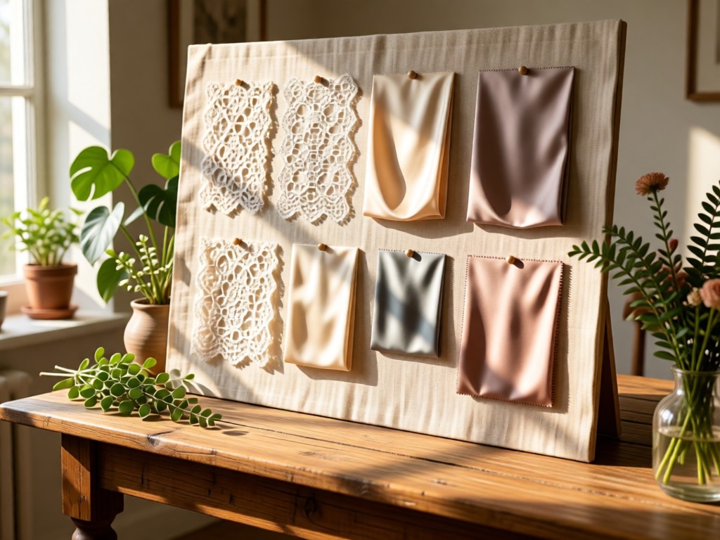 A curated display of diverse fabric swatches pinned to a linen board on a rustic wooden table. Soft sunlight emphasizes textures from lace to satin. Natural elements surround. No people.