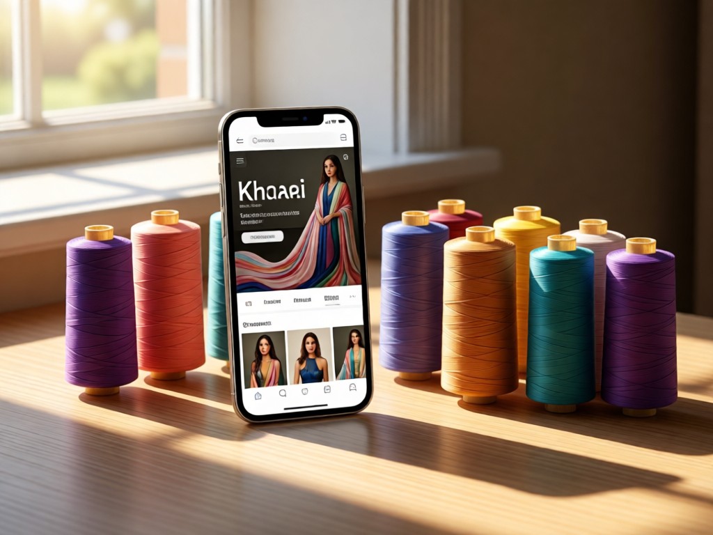 Smartphone displaying a Khaadi collection page beside spools of colorful silk thread. Natural light from a nearby window creates soft shadows. No people.