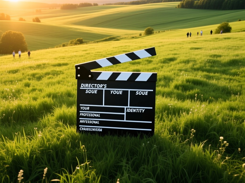 An aerial view of a director's slate centered on a vibrant green meadow at golden hour. The slate symbolizes your professional identity in an open creative landscape. No people.