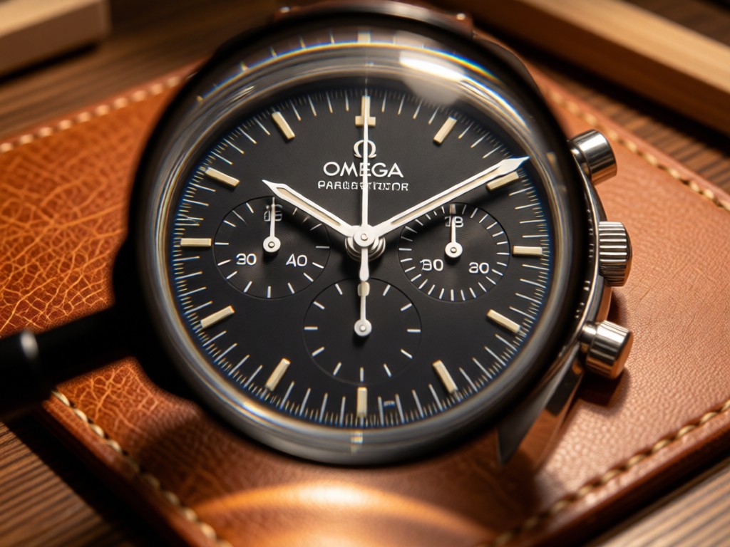 Close-up of an Omega speedmaster dial under a magnifying glass on a leather workmat. Warm light emphasizes textures. No people.